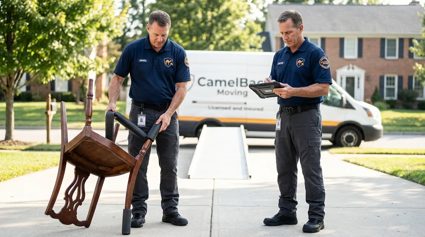 Movers inspecting furniture for damage prevention before loading in Elizabethville, PA