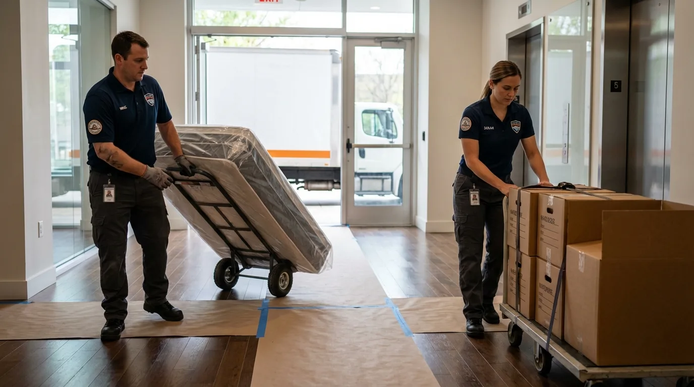 Professional apartment movers loading elevator in Elizabethville, PA