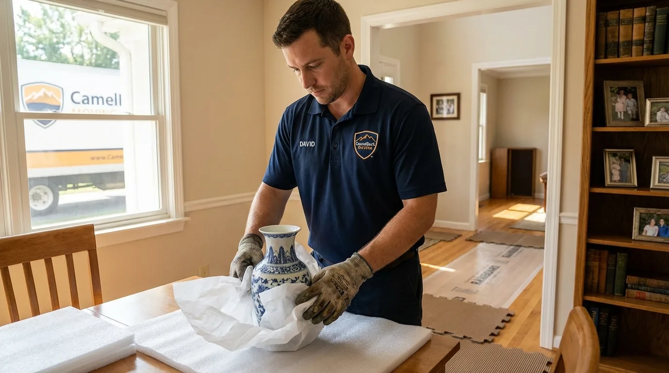 Professional crew carefully wrapping antique vase for senior downsizing move in Elizabethville, PA